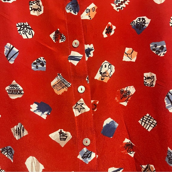 Anthropologie John Mark Silk Dog Print Tunic Playful Artistic Button Front Top - Picture 7 of 13